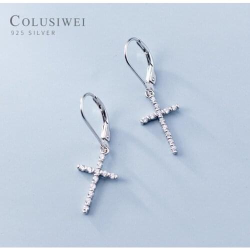COLUSIWEI Authentic 925 Sterling Silver Shining Clear CZ Cross Drop Earrings for Women Luxury Wedding Engagement Fine Jewelry