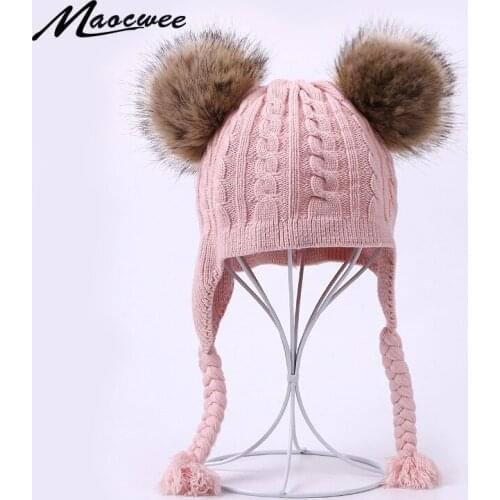 Winter Kids Faux Fur Ball Cute Two Pompoms Hat Children Knitted Girls Boys Warm Cap Baby Beanies Knitted Warm Beanie Ears Hats