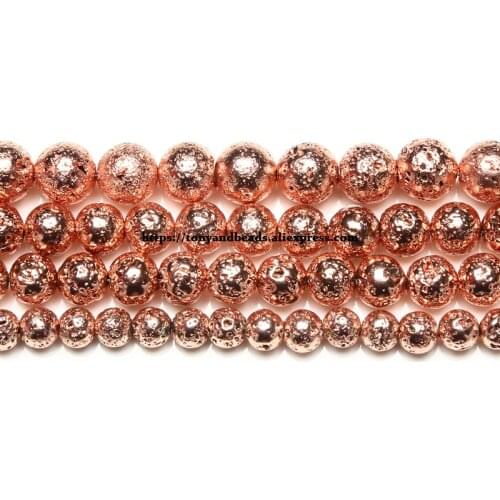 Natural Stone Rose Gold Plated Volcano Lava Round Loose Beads 15" Strand 4 6 8 10 12MM For Jewelry Making
