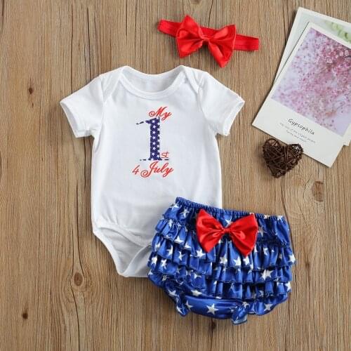 Summer Baby Girls Three-Piece Independence Day Set Letter Print Short-Sleeve Romper + Ruffle Shorts + Headwear Outfit