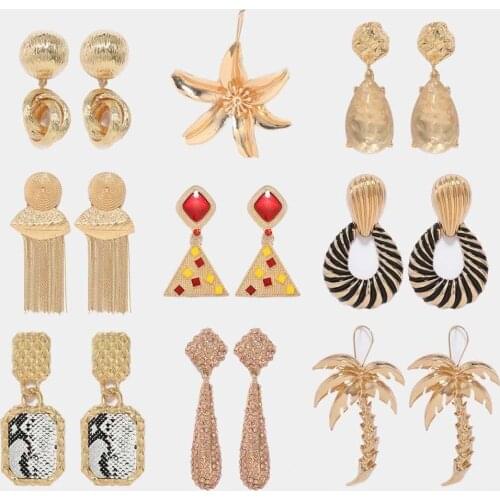 Fashion Summer Multicolor Metal Drop Earrings For Women Tree Flower Geometric Shape Punk Style Bohemian Statement Dangle Earring