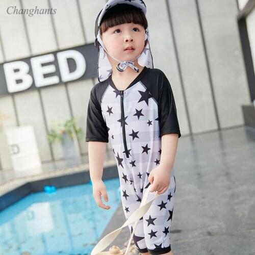 2020 New Model Boy Swimsuits 1 Piece Swimwear Short Sleeve Bathing Suits Child Surfing Wear Swimming Sunny Sandy Beach