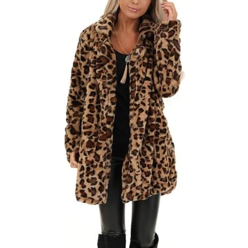 New design Womens Leopard Faux Fur Pocket Fuzzy Coat Warm Winter Oversized Outwear Long Coat Cardigan