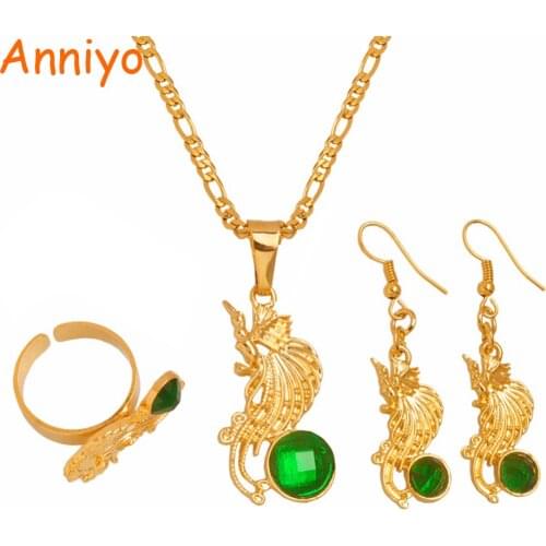 Anniyo Bird of Paradise Pendant Necklace Earrings Rings Sets for Women,Papua New Guinea Jewellery PNG Style #097506R