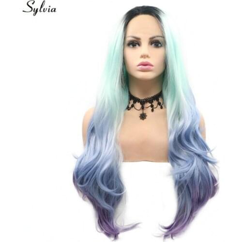 Sylvia Mermaid Colorful Dark Roots To Light Green/Lilac/Purple Four Tone Womens Cosplay Synthetic Lace Front Wigs Natural Wave
