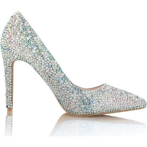 Handmade Pearl Diamond Womens Shoes Sexy Thin Heel Fashion Wedding Shoes High-heeled Pointed Toe Shallow Pumps Shoes For Brides