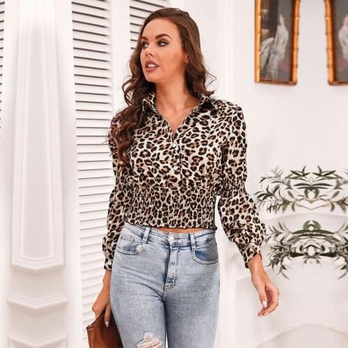 2021 New Spring Summer Womens Tunic V Neck Leopard Printed Lantern Tops for Ladies Casual Thin Sexy Short Blouses for Fashion