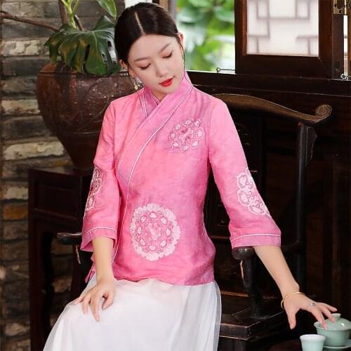 Chinese Style Blouse Womens Elegant Hanfu Spring And Autumn Retro Embroidery Linen + Belt Lady Short Coat Plus Size S-XXL