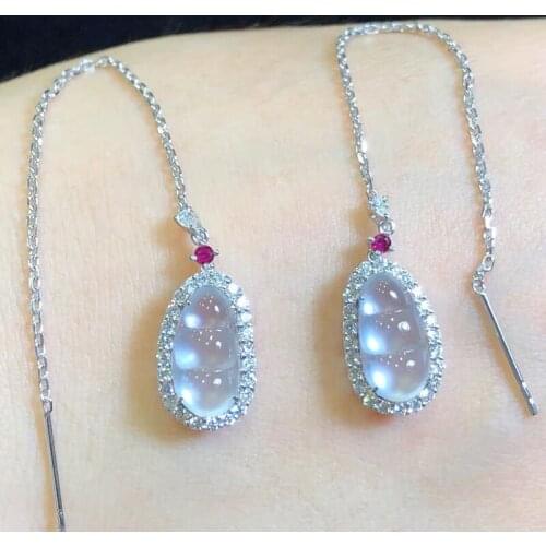 Original new natural high ice transparent glass chalcedony with diamonds geometric long earrings elegant ladies silver jewelry