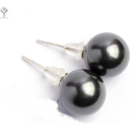 Women Jewelry Earring 10mm bright black round ball natural shell pearl Stud Earring