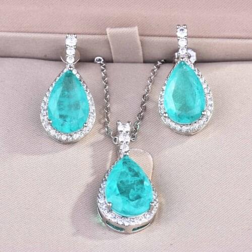 Trendy 925 Sterling Silver Water Drop Emerald Paraiba Tourmaline Rings Earring for Wedding Bridal Women Handmade Jewelry Set