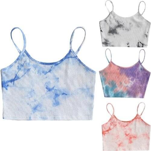 Women Summer Sexy Sleeveless Camisole Gradient Tie-Dye Printed Slim Crop Top Harajuku Ribbed Knit Spaghetti Strap Sling Vest Str