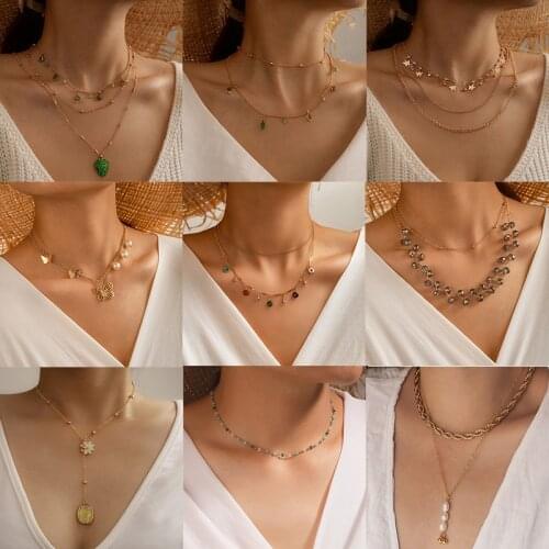 HuaTang Boho Crystal Water Drop Pendant Necklace for Women Multilayer Colorful Bead Clavicle Chain Ladies Jewelry on the Neck