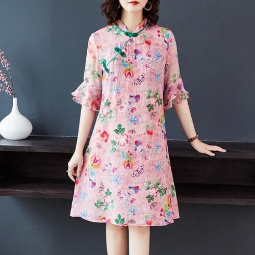 2021 Summer High Quality Cheongsam Midi Silk Dress Vintage 3XL Plus Size Pink Print Runway Dress Elegant Women Bodycon Vestidos