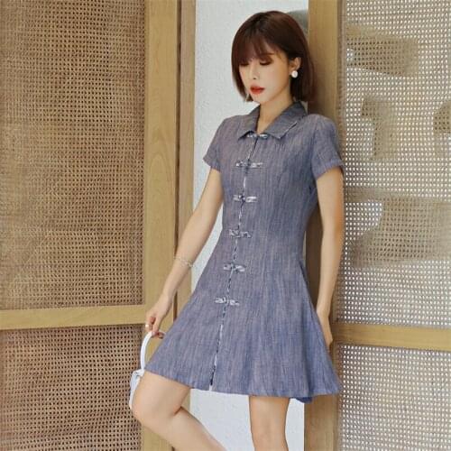 Summer China Style Single Breasted Vintage Dress 2020 Women Dresses Turn-down Collar Short Sleeve A-line K2219 Vestidos