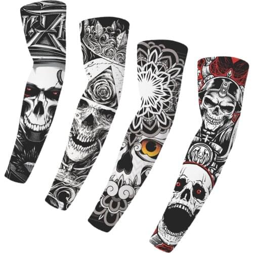 1pair 3D Skull Tattoo Printed Outdoor Cycling Sleeves Breathable Quick Dry UV Protection Running Arm Sleeves Sports Arm Warmers