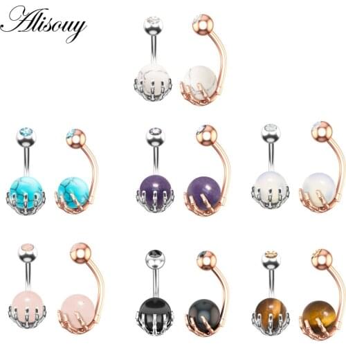 Alisouy 1pc 14G Belly Button Rings Piercing Surgical Steel Zircon Stone Opal Center Claw Shape Women Navel Rings Ombligo Jewelry