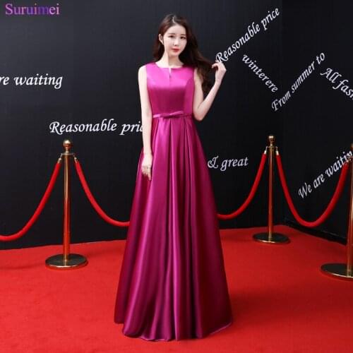 2018 New Arrival Rose Red Evening Dresses Satin Floor Length Elegant Sash With Bow Knot Front Corset Lace Up Long Evening Gown