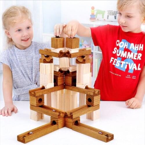 2021 New 60pcs Wooden Marble Track Assembly Building Blocks Run Maze Ball Puzzle Children Educational Toys Kids Gift