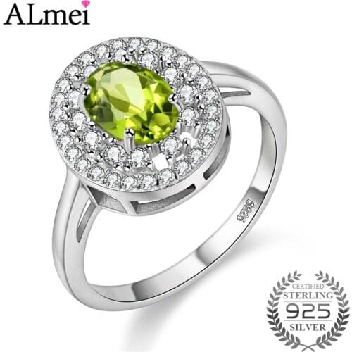 Almei 1ct Oval Green Peridot Halo Ring for Women Genuine 925 Sterling Silver Statement Rings Zircon Jewelry with Box 40% FJ112