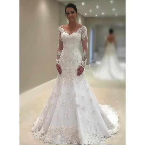 ANGELSBRIDEP Long Sleeves Mermaid Wedding Dresses Robe de mariee Vintage Applique Court Train Formal Bride Wedding Gowns HOT