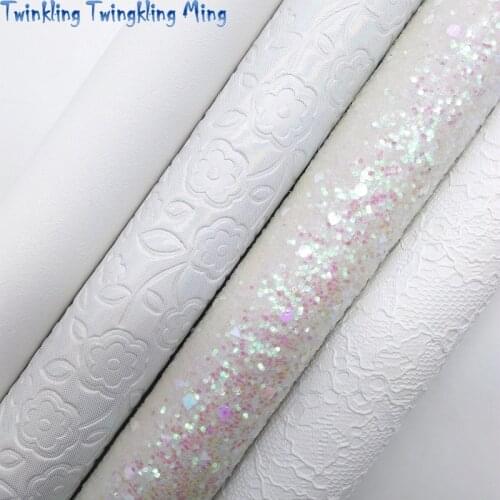 WHITE Glitter Fabric, Embossed Flowers Faux Leather Fabric, Synthetic Leather Sheets For Bow A4 8"x11" Twinkling Ming XM283