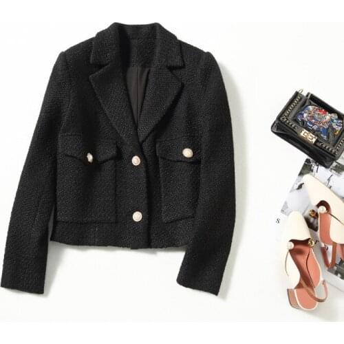 Black Blazer For Women 2021 Autumn Winter High Quality Notched Collar Long Sleeved Single Breasted Pocket Short Woolen Jacket