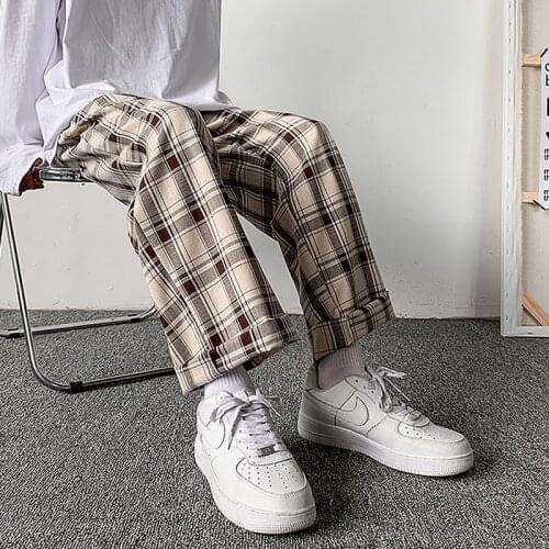 Men Pants Plaid Loose Comfortable Retro Casual All-match Elastic Waist Chic Wide Leg Trousers Fashion Streetwear Korean Style