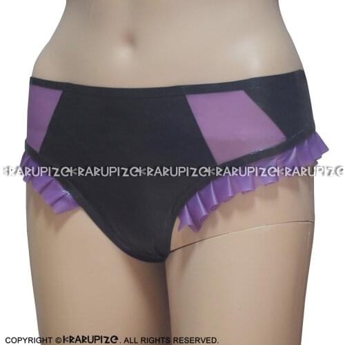 Black With Transparent Purple Ruffles And Trims Sexy Latex Briefs Rubber Panties Shorts Underpants Underwear DK-0188