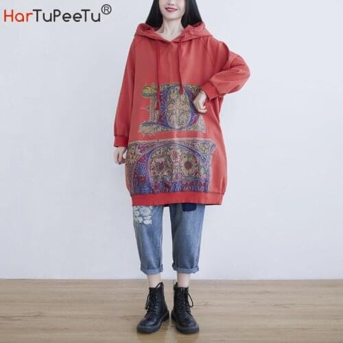 Long Cotton Hoodies Dress Women 2021 Spring Autumn Print Loose Hoodys Washed Vintage Pockets Oversized Hooded Pullover Outwear