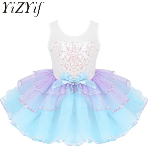 Kids Girls Child Ballerina Tulle Dancewear Shiny Sequins Mesh Splice Bowknot on Waist Ballet Dance Gymnastics Leotard Tutu Dress