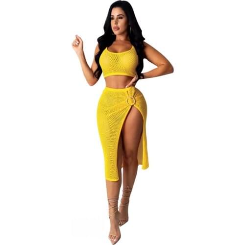 Two Piece Cover-up Crop Top And Skirt Set Female Tracksuit Knitted Office Suit Swimsuit Womens Outfits Home Clothes Sexy