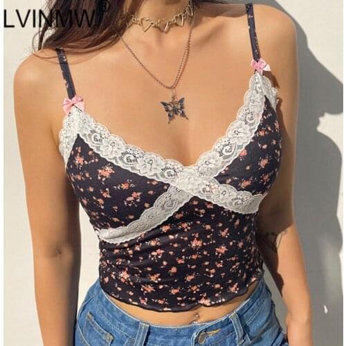LVINMW Spaghetti Straps V Neck Backless Floral Patchwork Camis Printed With Lace Slim Fashion Crop Top Bow Labeling Tops Women