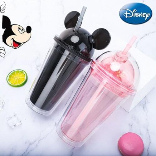 Disney Mickey Cute Straw Cup Boy Girl Milk Tumbler with Dome Lids Double Wall Plastic Drink Cups with Straw Cute Plastic Bottom