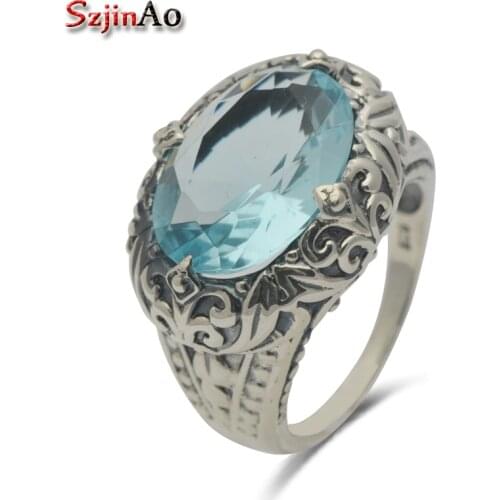 Szjinao fashion Bohemia style antique silver 925 silver sea blue stone crystal rings vintage rings for women