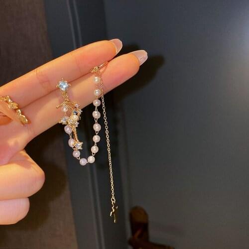 New Colorful Rhinestone Moon Ear Clips For Women Girls Elegant Pearl Chain Crucifix Earring No Piercing Feasts Jewelry Gifts
