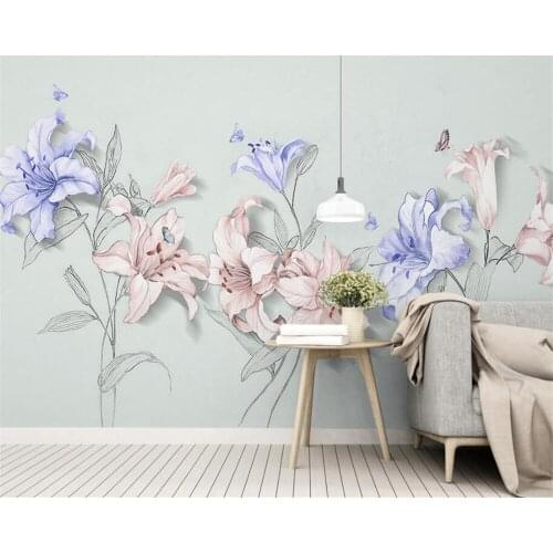 Beibehang wallpaper for walls 3 d Modern minimalist hand-painted blue floral flowers lily butterfly mural papel de parede