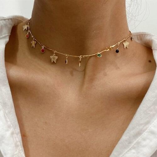 Women Fashion Colorful Crystal Beads Butterfly Pendant Clavicle Chain Necklace Choker Necklace Sweet Jewelry Gifts