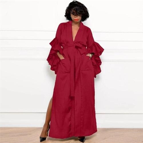 Sexy High Split Maxi Dress Women V-neck Ruffles Flare Sleeve Shirt Dress Elegant Pockets Party Long Dress with Belt Robe Femme