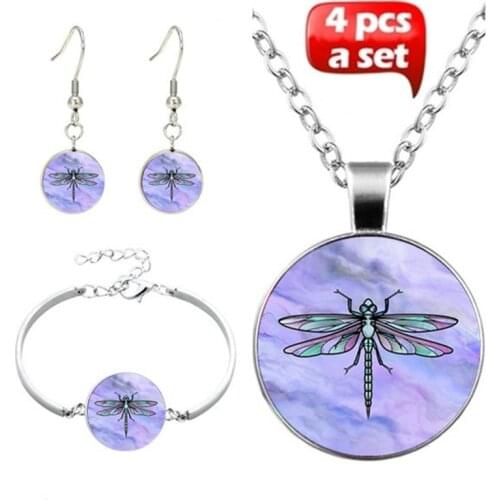 Popular jewelry set necklace bracelet earrings glass Dragonfly mapping girls jewelry set gifts to friends manufacturers wholesal