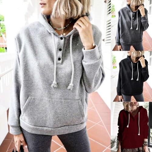 Women Sweatshirt Autumn Winter Solid Color Harajuk Long Sleeve Drawstring Button Pocket Sweater Winter Clothes Female Top 2021