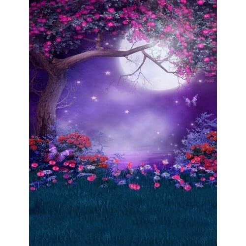 TR 10x10FT Flower Tree Branch Night Moon Sky Stars Butterfly Flowers Grass Custom Backgrounds Photo Studio Backdrops Vinyl 8x8FT