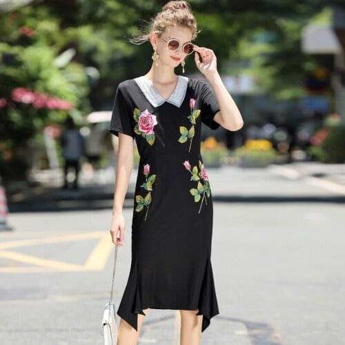 DIDABOLE High Quality New Summer WomenS Vintage Fashion High Street Party Casual Elegant Rose Embroidery Black Midi Dress