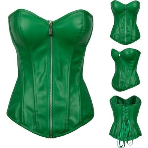 Green Corsets Sexy Womens Plus Size Corsets Leather Corset Zipper Steampunk Corselet Waist Trainer Corset