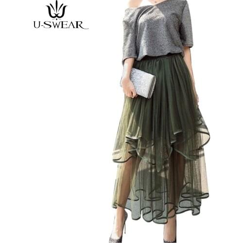 U-SWEAR 2020 Women Fashion Lace Irregular Skirt High Waist Beach Chiffon Tutu Skirt Elastic Waist Floral Boho Tulle Skirt
