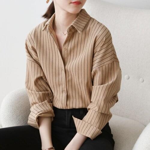 Korean Striped Shirt 2021 Women Tops and Blouses Elegant Fashion Button V-Neck Loose Button Up Shirt Long Sleeve Simple 1036