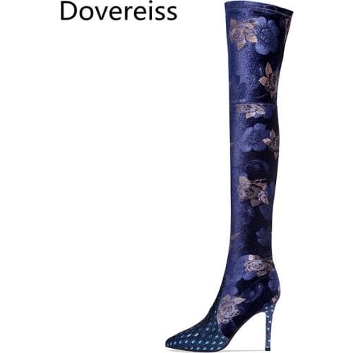 Dovereiss Fashion Womens Shoes Winter Concise New Sexy Stilettos heels Slip on Flowers Over the knee boots 33-40