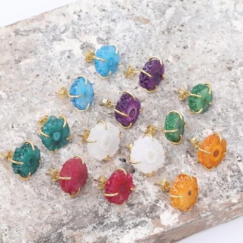 5Pairs/Lot Natural Druzy Stone Sun Flower Earstuds Jewelry Boho Women Druzy Agates Solar Gold Stud Earrings Jewelry HS-54JBAC
