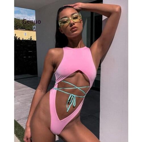 Women Skinny Unique Design Sexy Bodysuit Hollow Out Sleeveless Lace Up High-Fork Round Collar Ladies Charming Jumpsuit Playsuit