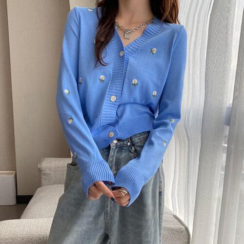 Autumn Women Cardigans 2020 Fashion Loose V-neck Long-sleeved Sweaters Open Stitch Single Breasted Embroidery Tops Coats Outwear